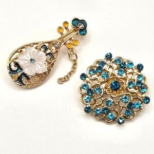 Modern 2pc Brooch Set Musical Lute + Round Blue Rhinestone Pins Gold Tone Floral